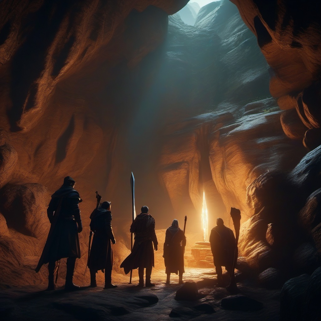 Group of adventurers encounters a sentient talking sword in a hidden cave while on a quest to save their kingdom.  8k, hyper realistic, cinematic