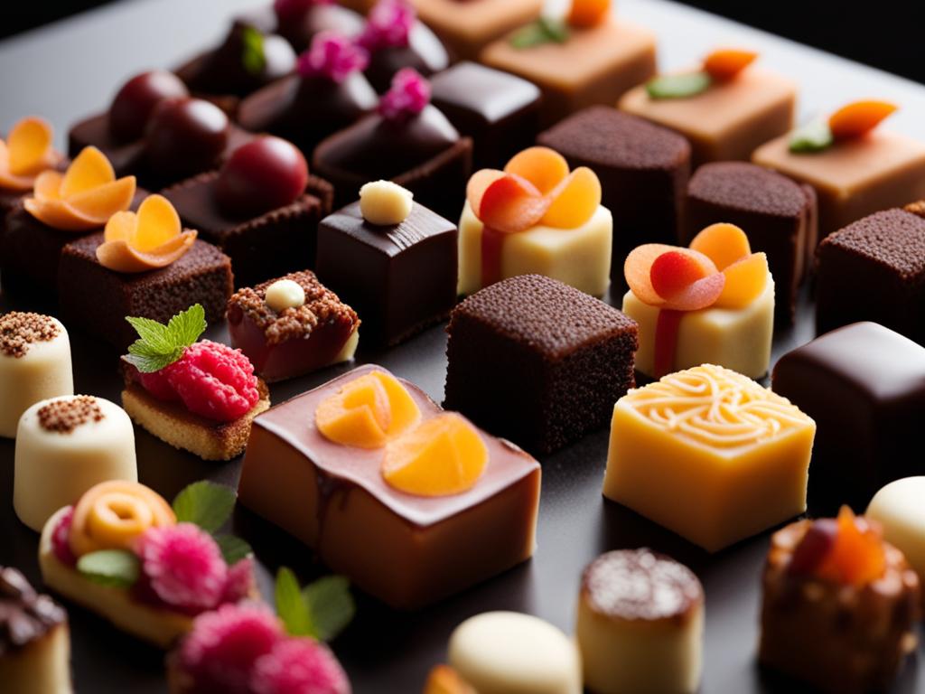 an assortment of petit fours, each a bite-sized work of art with intricate designs and flavors. 