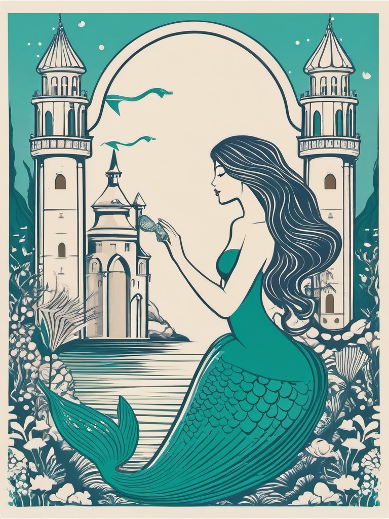 Mermaid clipart - mermaid with a backdrop of underwater castles  color,minimalist,vector clipart