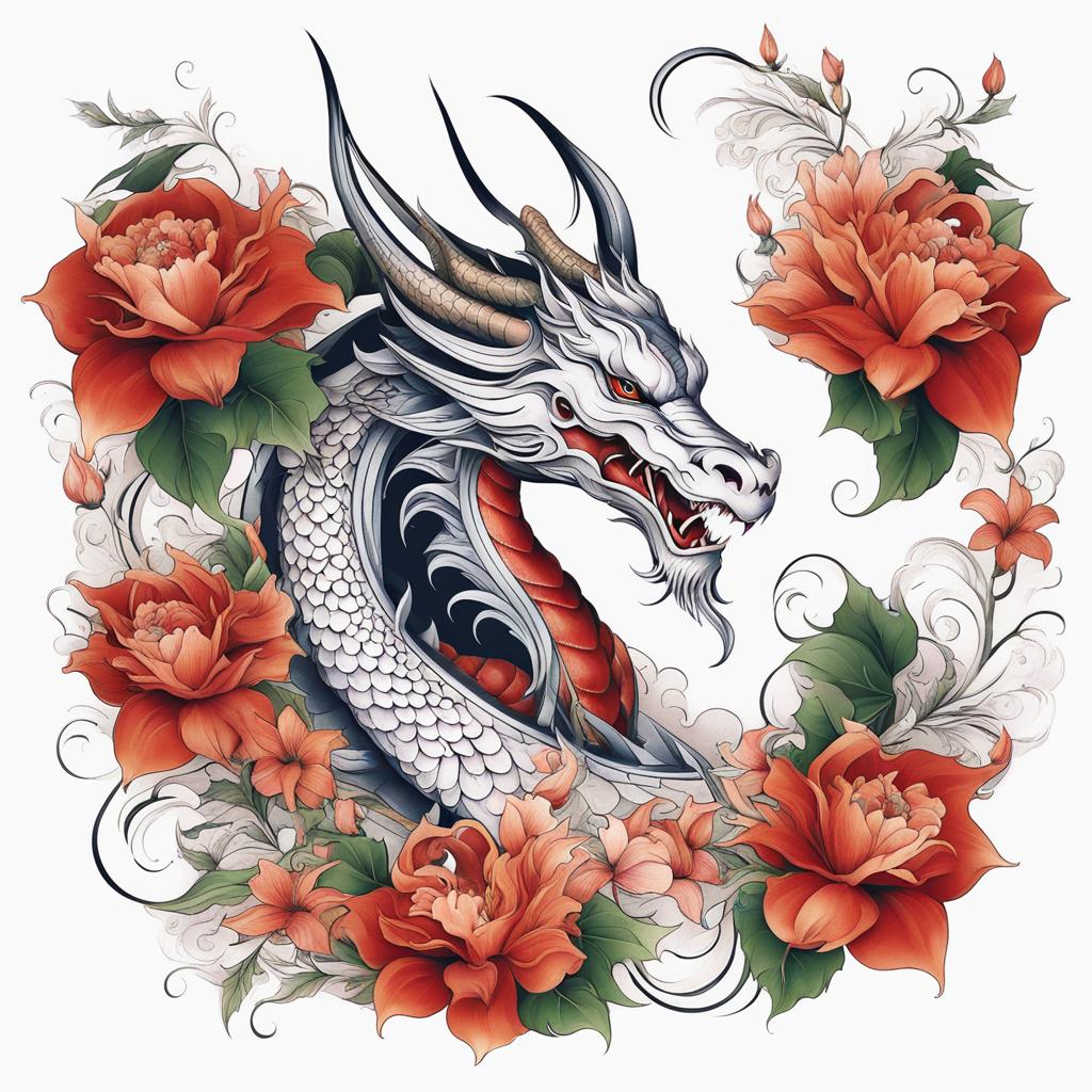 Dragon with flowers tattoo, Tattoos featuring the beauty of dragons alongside flowers.  color, tattoo style pattern, clean white background