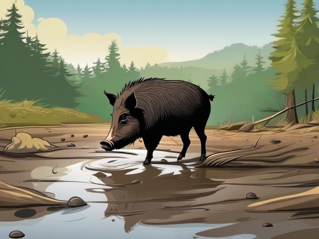 Wild Boar Cartoon - Cartoon of wild boar rooting in mud  