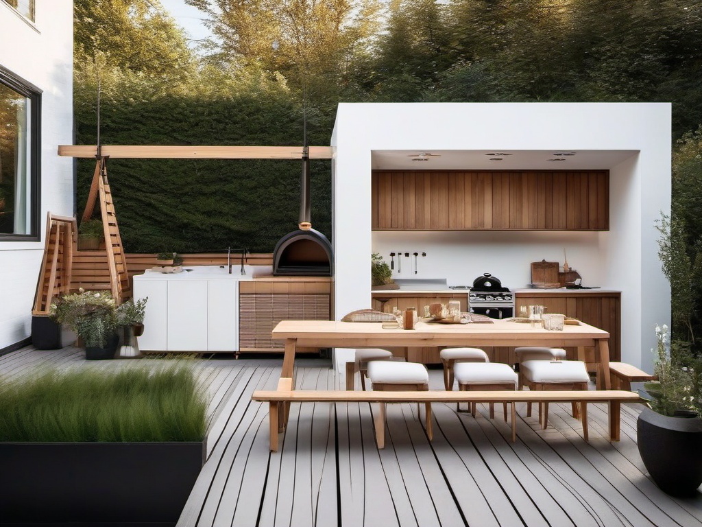 Scandinavian outdoor kitchen blends light wood accents, white surfaces, and cozy seating, offering a warm and inviting atmosphere for outdoor dining.  