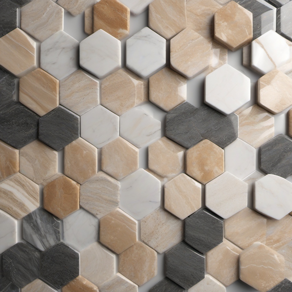 Travertine and granite and marble hexagonal tile composition top view, product photoshoot realistic background, hyper detail, high resolution