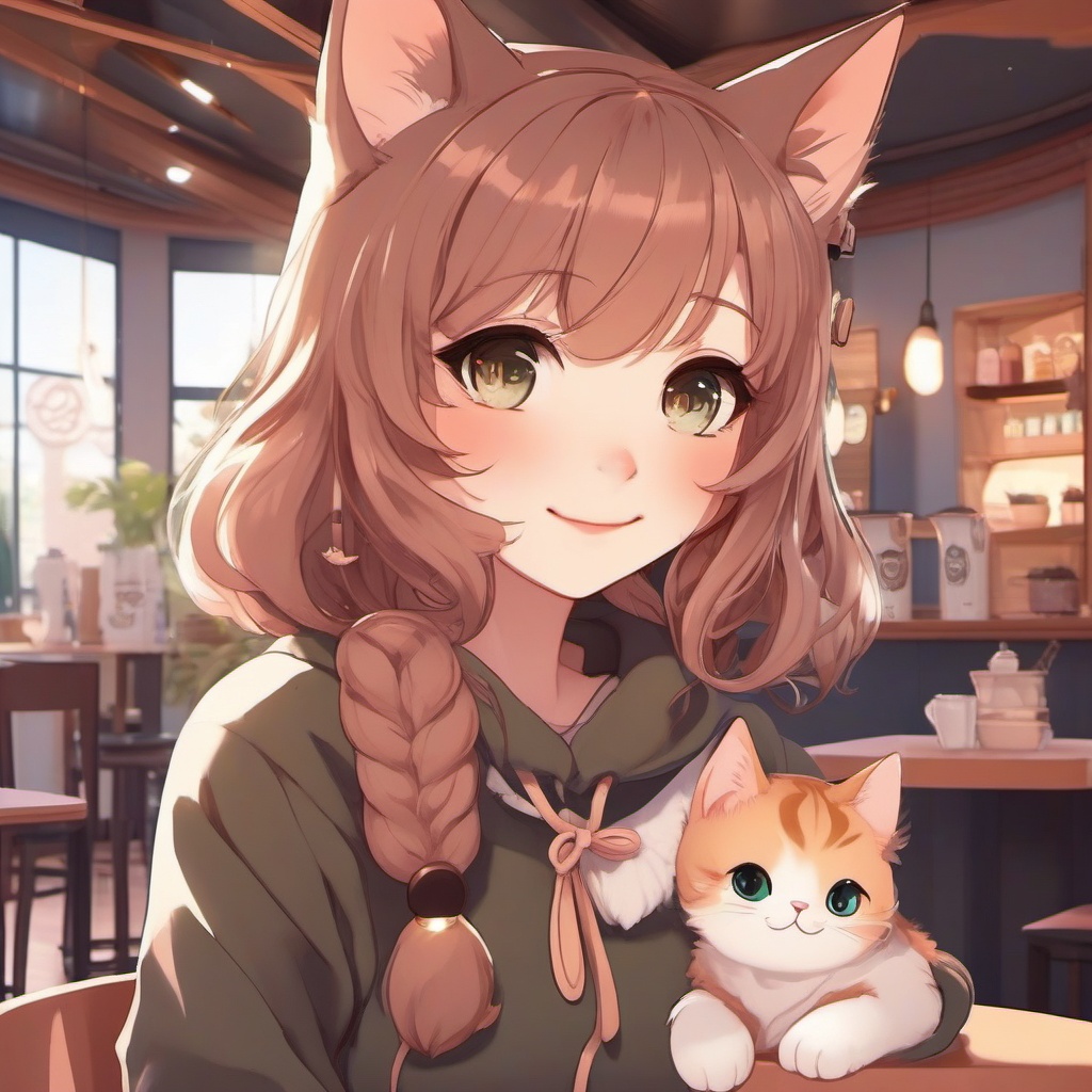 Adorable Catgirl In A Cozy Cat Cafe. Front Facing