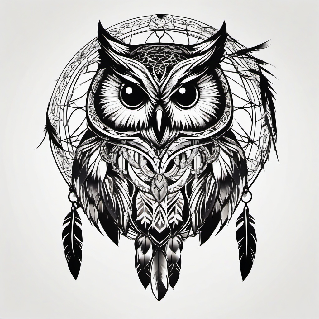 Owl and Dreamcatcher Tattoo - Combine dreamcatcher symbolism with the allure of owls in a tattoo.  simple color tattoo,vector style,white background