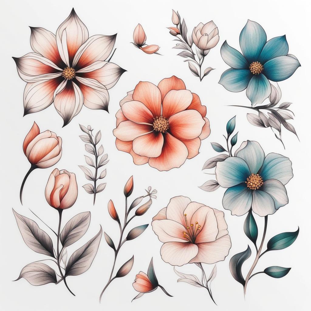 Small flower tattoos, Delicate and subtle flower tattoo designs. colors, tattoo patterns, clean white background