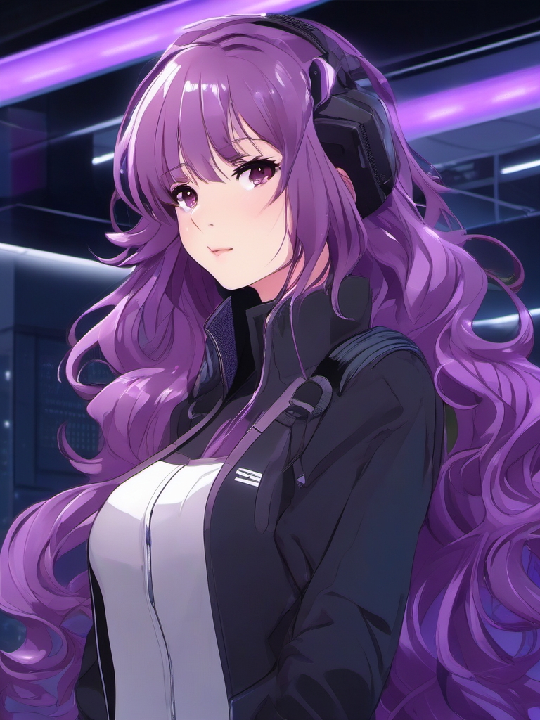 Girl with purple wavy hair in a high-tech academy.  front facing, profile picture, anime style