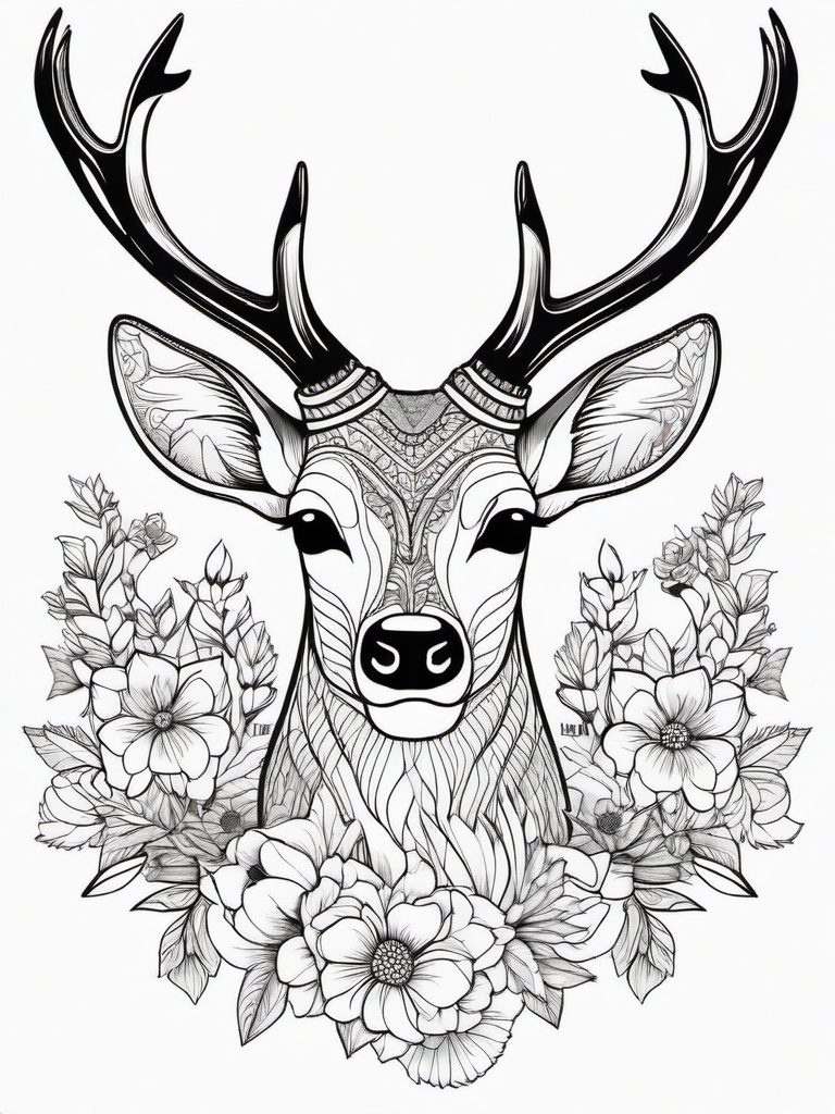 Deer Coloring Pages - Deer with a colorful background of flowers  simple coloring pages