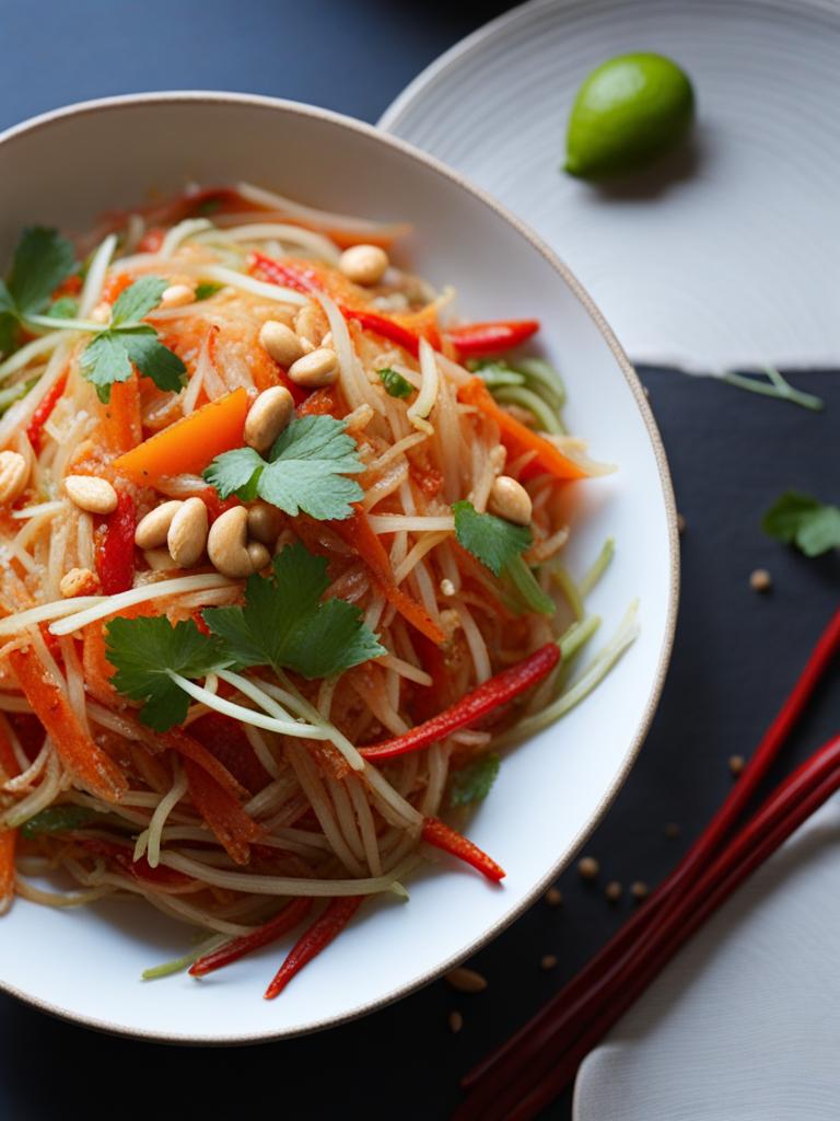 thai som tum soiree - a spicy and tangy papaya salad with peanuts and chilies. 