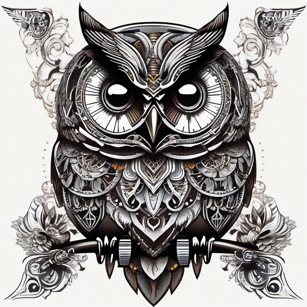 Mechanical Owl Tattoo - Showcase the intricacy of mechanics with a mechanical owl-themed tattoo.  simple color tattoo,vector style,white background