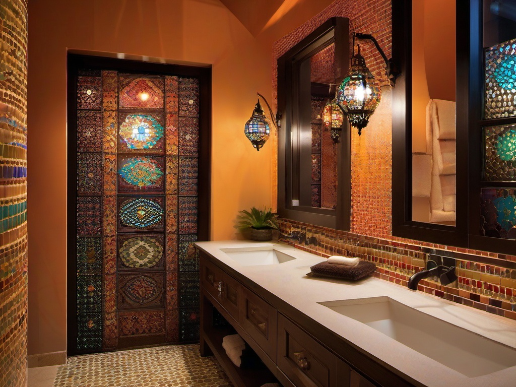 Moroccan-inspired bathroom with colorful mosaic tiles and lantern lighting.  