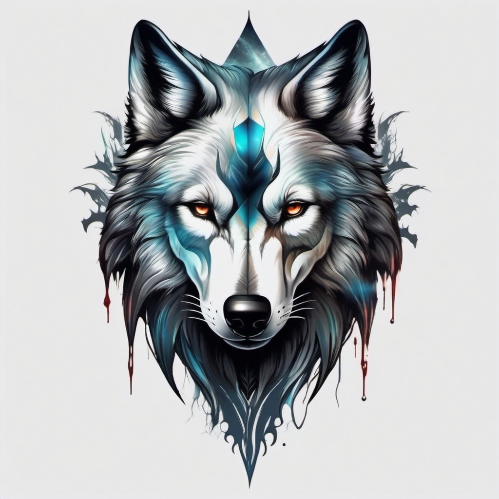 Wolf Skull Tattoo,haunting amalgamation of a wolf and a skull, eerie reflection of life and death. , color tattoo design, white clean background