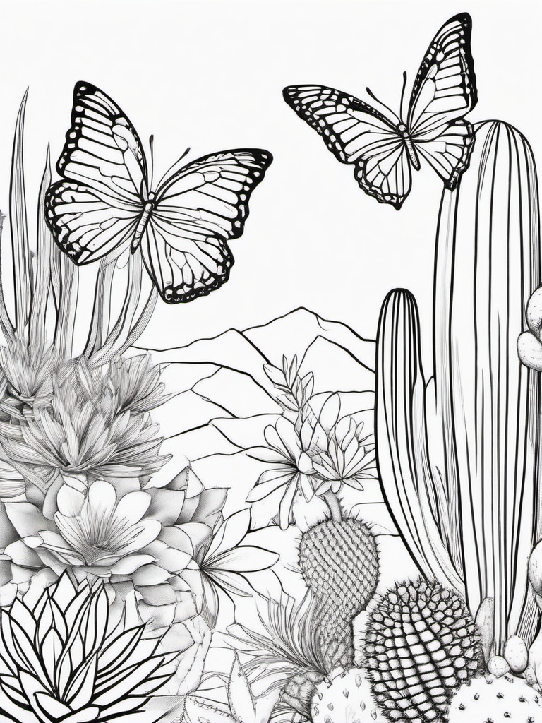 Butterflies and Cacti Coloring Pages - Unique Scene of Butterflies and Cacti  minimal black outline printable sheet, coloring page