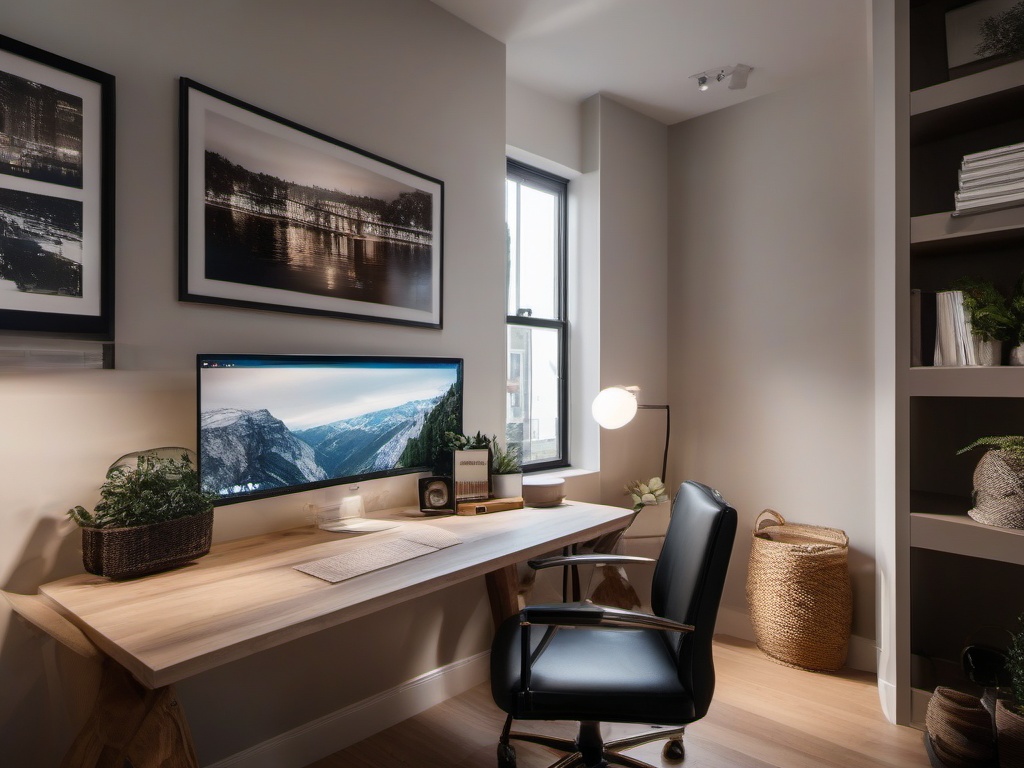 Efficient Home Office - Efficient home office with built-in storage and smart technology. realistic, professional photography, bokeh, natural lighting, canon lens, shot on dslr 64 megapixels sharp focus