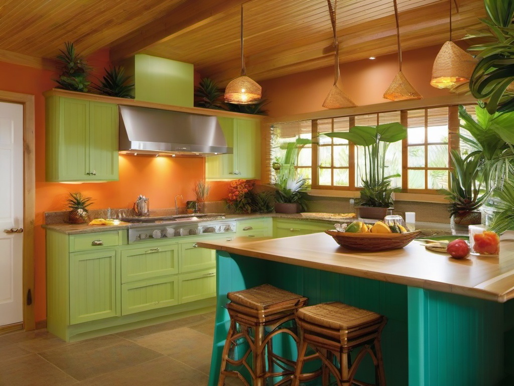 Tropical kitchen includes bamboo accents, bright colors, and tropical-themed decor, bringing a refreshing feel to cooking and dining experiences.  