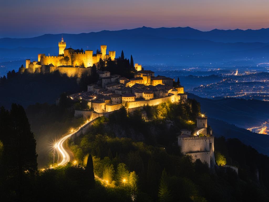 san marino - paint the medieval charm of san marino, with its historic towers and fortifications lit up against the night sky. 