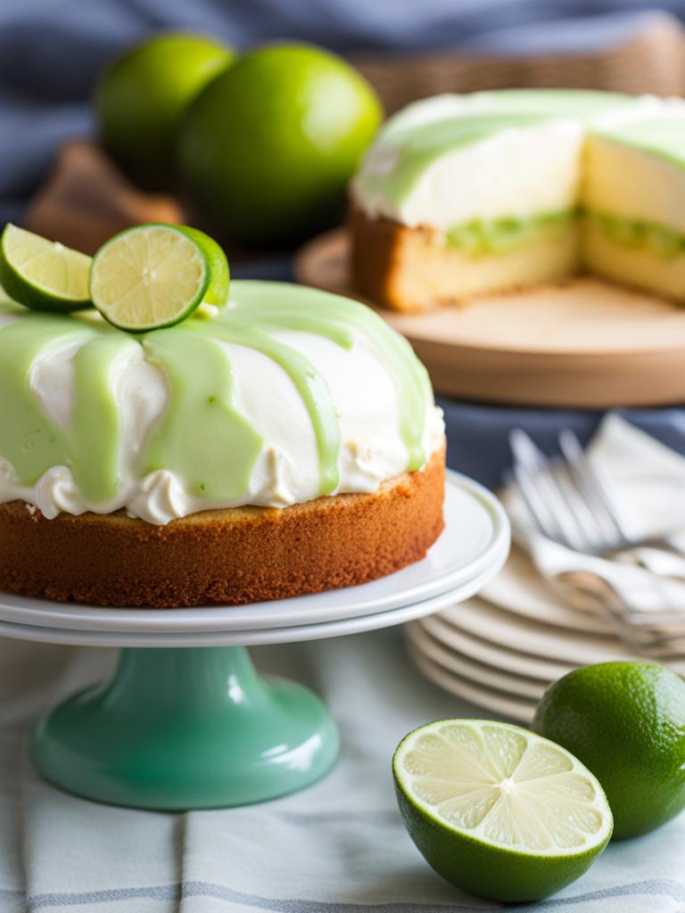 key lime pie cake with a tangy glaze, enjoyed at a coastal beachside picnic. 