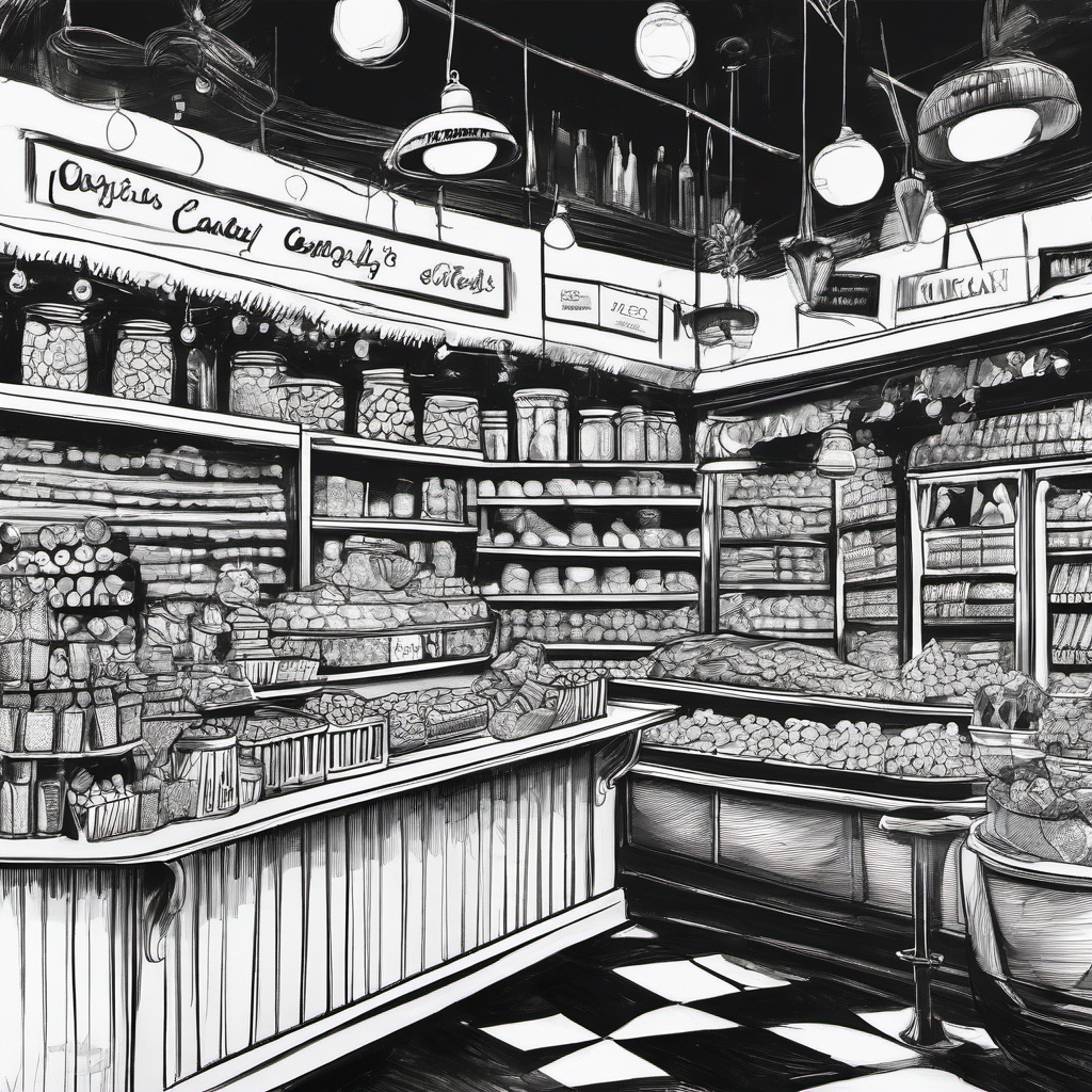 drawing of a candy store  minimal rough sketch scribbles,doodles,black and white