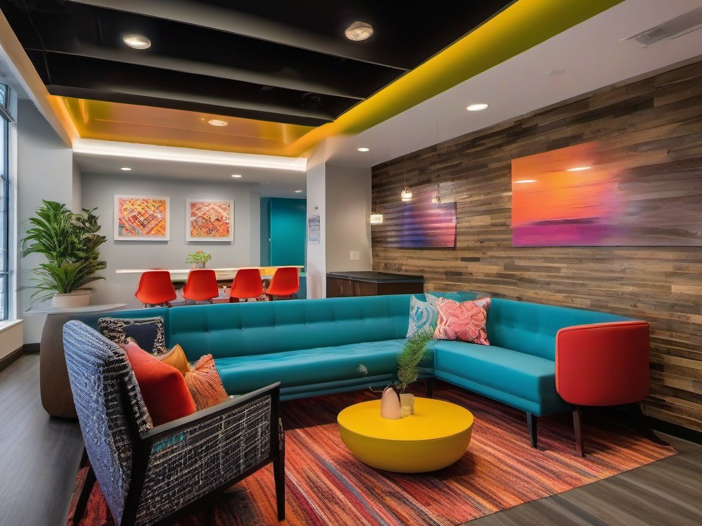 In the office break room, maximalist interior design includes colorful furniture, vibrant artwork, and an energetic ambiance that encourages relaxation and socialization among employees.  