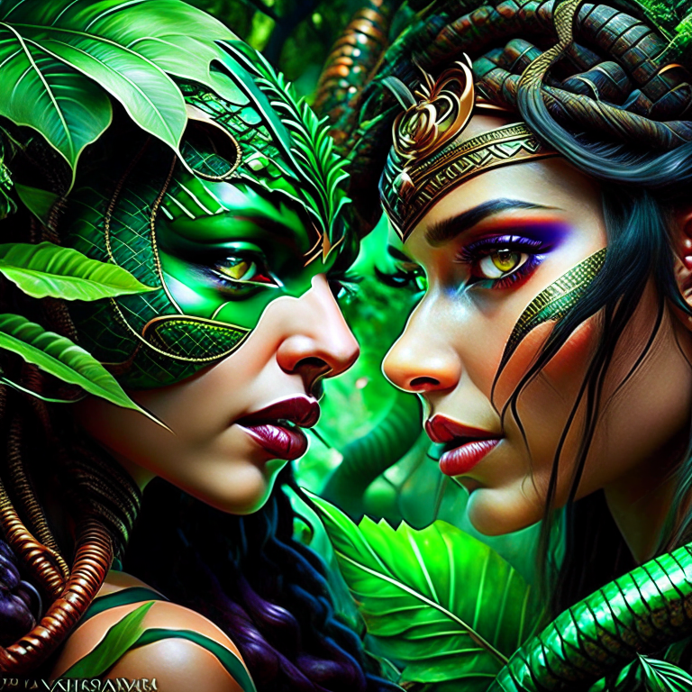 naga vs lamia - serpentine seductresses confront each other in a lush jungle, hypnotic gazes and coiling tails at odds. 