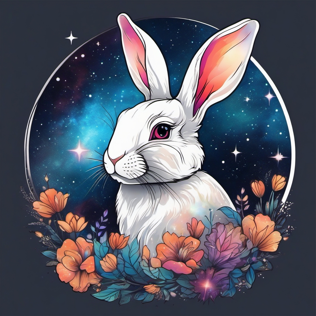 Rabbit gazing at the galaxy tattoo. Celestial bunny dreams.  color tattoo, white background