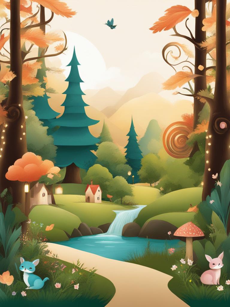 cute clipart: inhabiting a whimsical enchanted forest. 