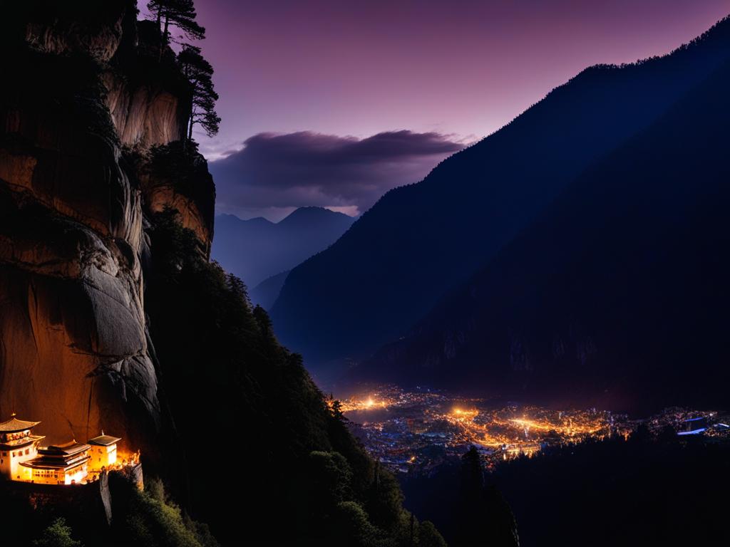 paro taktsang monastery, bhutan - paint a serene night scene of paro taktsang monastery, perched on a cliff, illuminated by moonlight. 