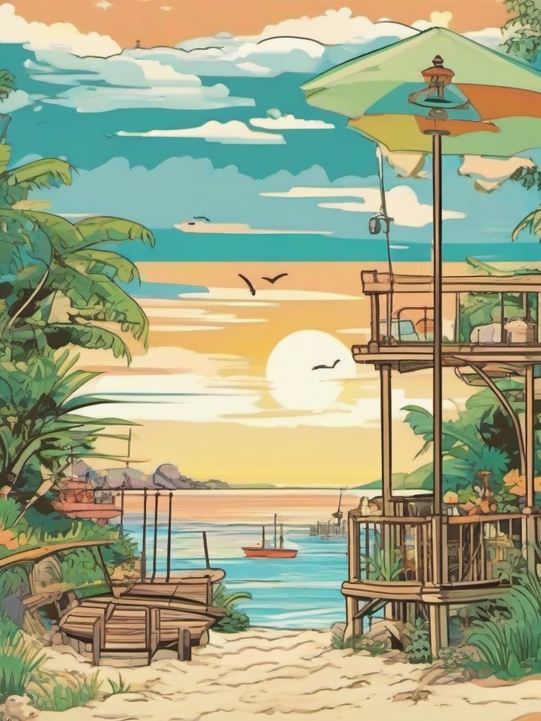 beach studio Ghibli  , vector illustration, clipart