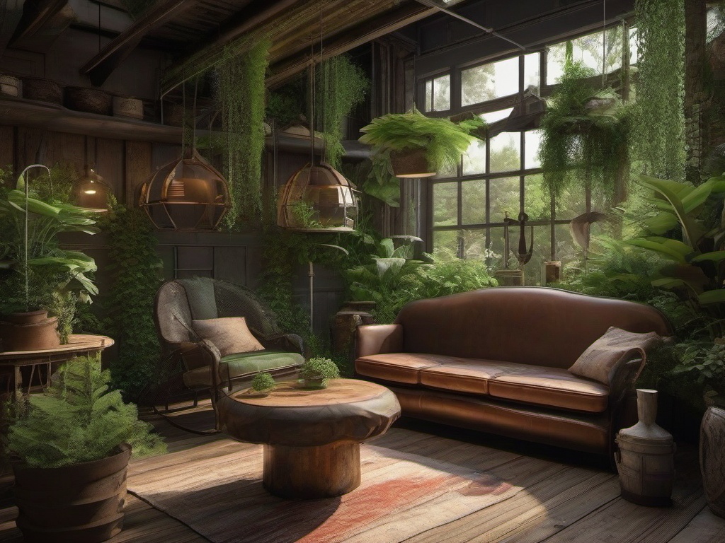 The garden room showcases Post-Apocalyptic interior design with overgrown greenery, rustic furniture, and rugged decor that brings an earthy feel to indoor gardening.  