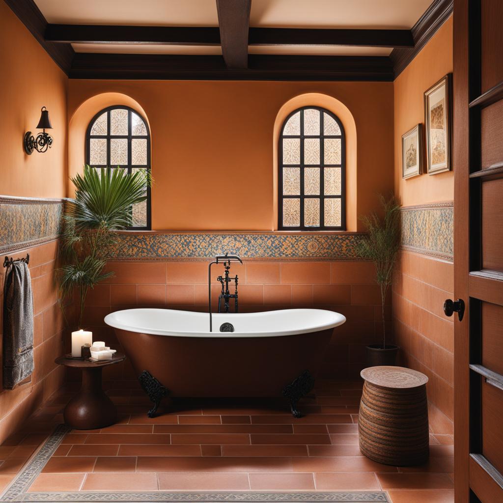 spanish-style bathroom with terra-cotta tiles and wrought-iron details. 