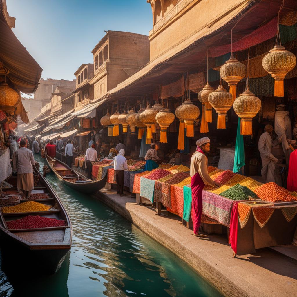 venture into a bustling bazaar, with colorful market stalls and intricate tilework. 