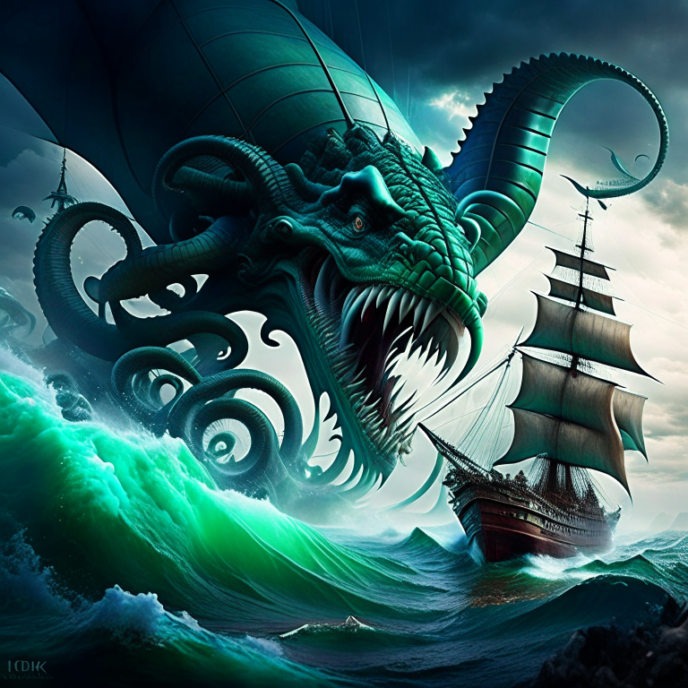 kraken, the colossal sea monster, emerging from the depths to terrorize a sailing ship. 