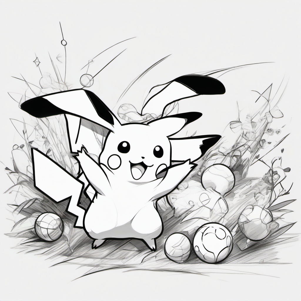 drawing of Pikachu playing with other Pokémon  minimal rough sketch scribbles,doodles,black and white