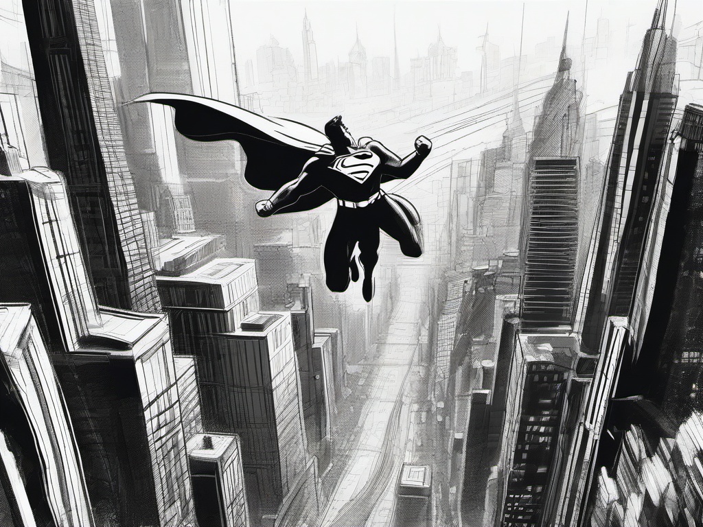 drawing of Superman flying over a city  minimal rough sketch scribbles,doodles,black and white