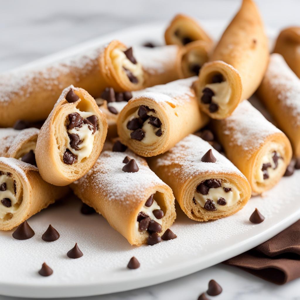 platter of dainty cream-filled cannoli, dusted with powdered sugar and chocolate chips. 