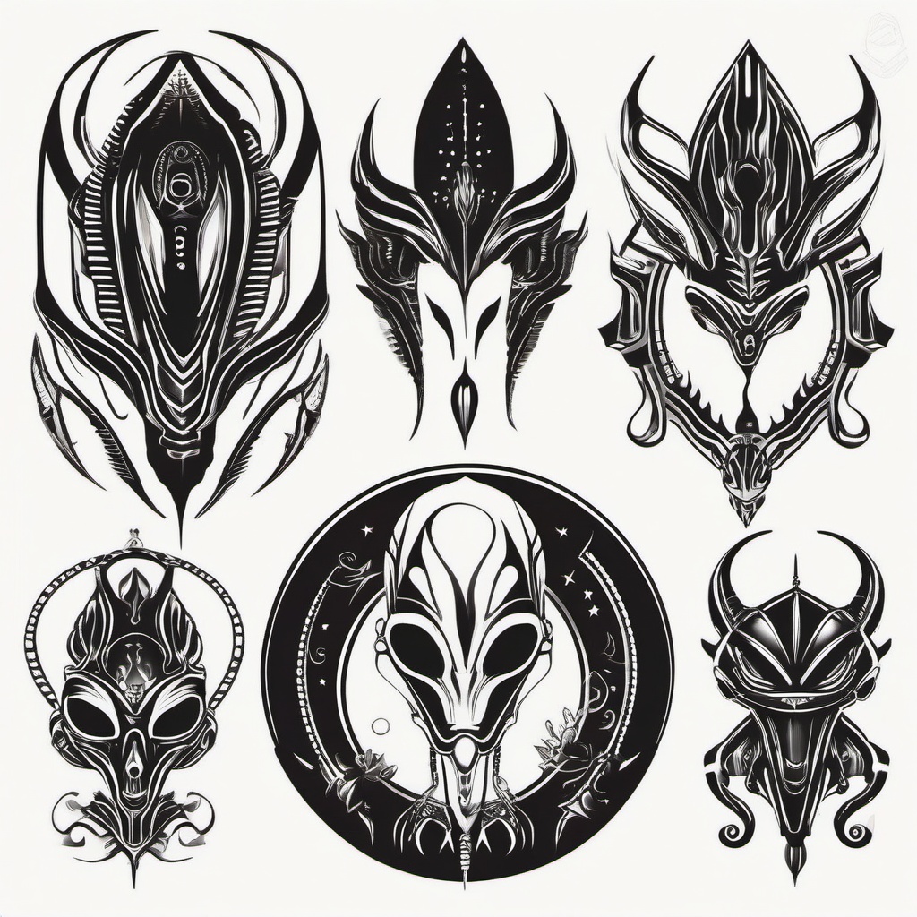 Alien Tattoo Designs Small - Explore small and detailed designs with these compact alien-themed tattoos.  simple color tattoo,vector style,white background