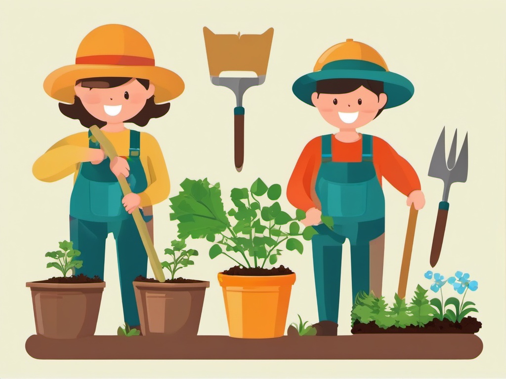 Gardening clipart - Planting flowers and vegetables, ,vector color clipart,minimal