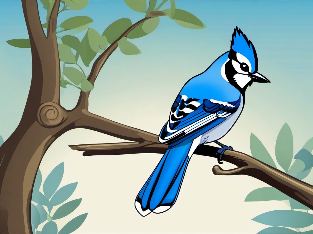 Blue Jay Cartoon - Cartoon of blue jay on a branch  