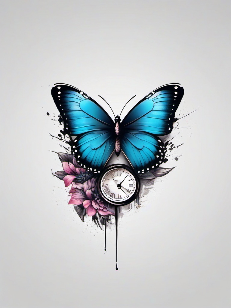 butterfly clock tattoo  simple color tattoo,white background,minimal