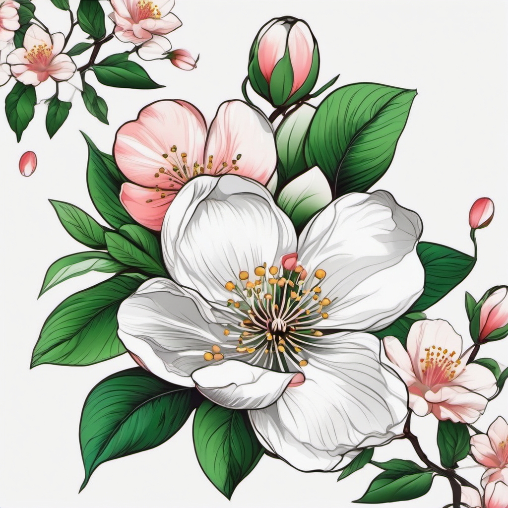 Apple blossom tattoo. Floral fruit elegance.  color tattoo minimalist white background