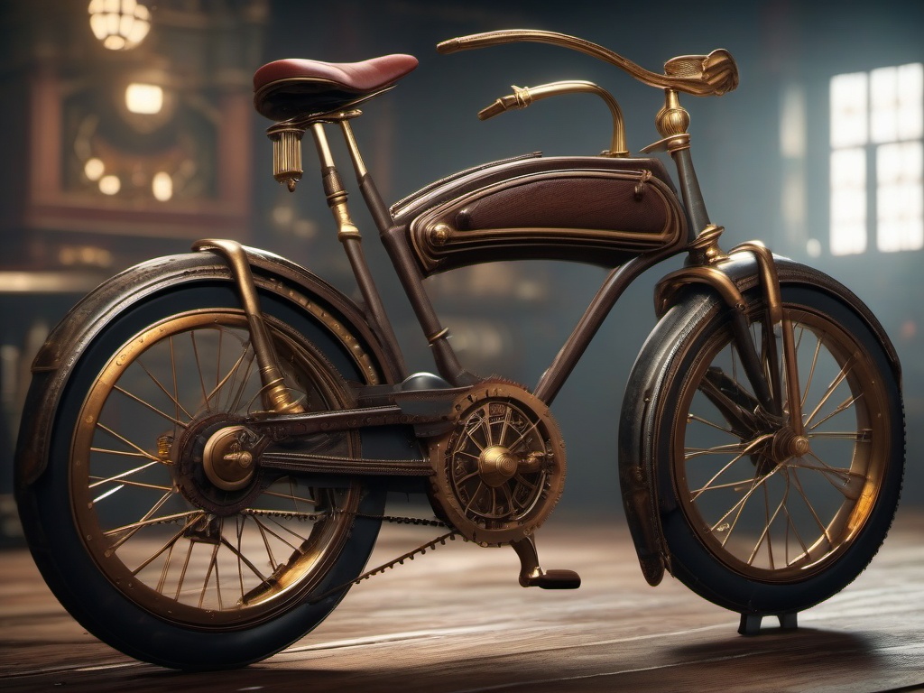 Neglected antique bicycle transforms into a steampunk masterpiece.  8k, hyper realistic, cinematic