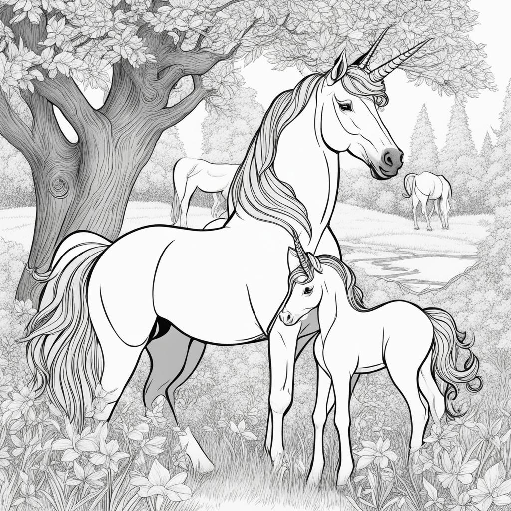 unicorn coloring pages - endearing unicorn nuzzling a newborn fawn in a sun-dappled glade, forming an unlikely friendship. 