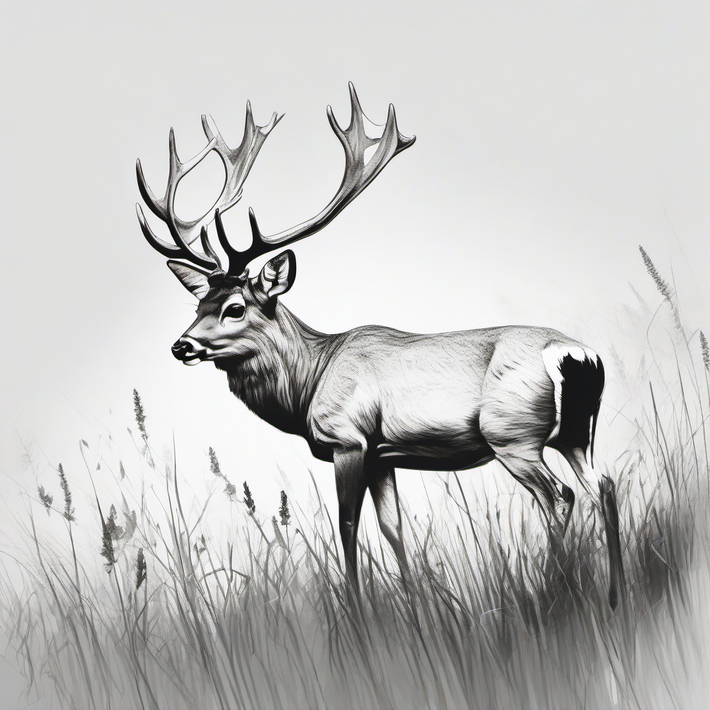 drawing of a deer in a meadow  minimal rough sketch scribbles,doodles,black and white