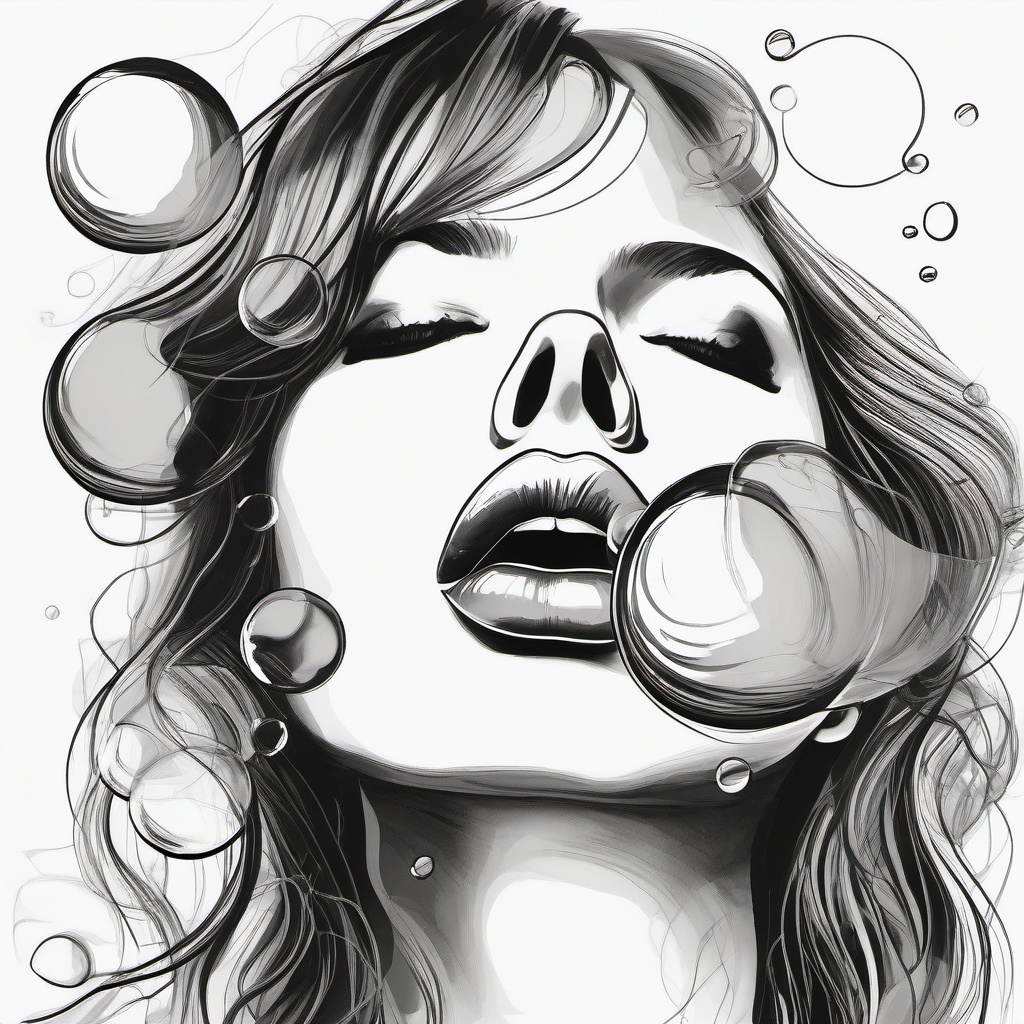 drawing of lips blowing bubbles  minimal rough sketch scribbles,doodles,black and white