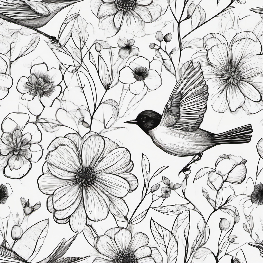 sketches of flowers and birds  minimal rough sketch scribbles,doodles,black and white