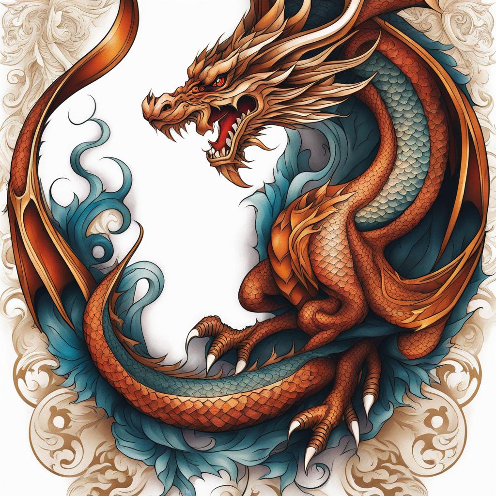 Tattoo dragon leg, Tattoos featuring dragon imagery on the legs.  color, tattoo style pattern, clean white background