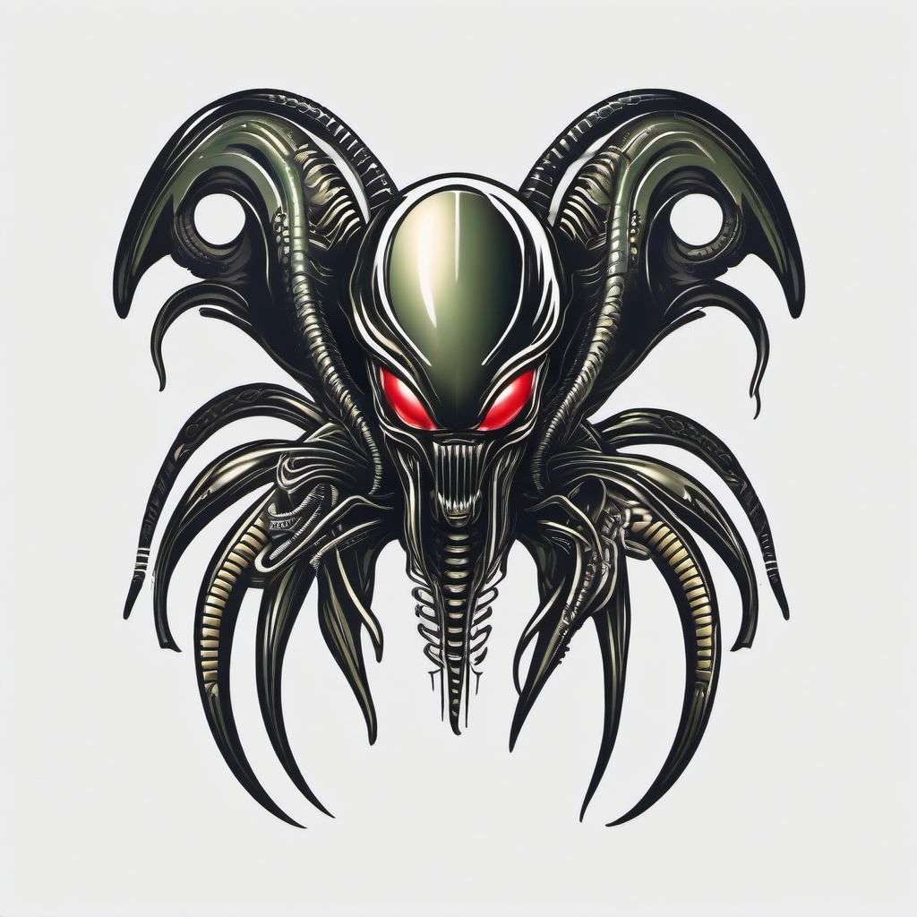 Alien Xenomorph Tattoo - Sci-fi meets body art in a striking Xenomorph alien tattoo.  simple color tattoo,vector style,white background draw in pencil style