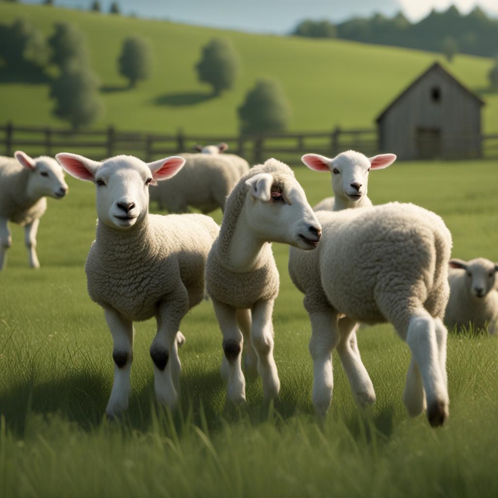 lamb frolicking with other lambs in a vast green pasture 8k ultrarealistic cinematic 