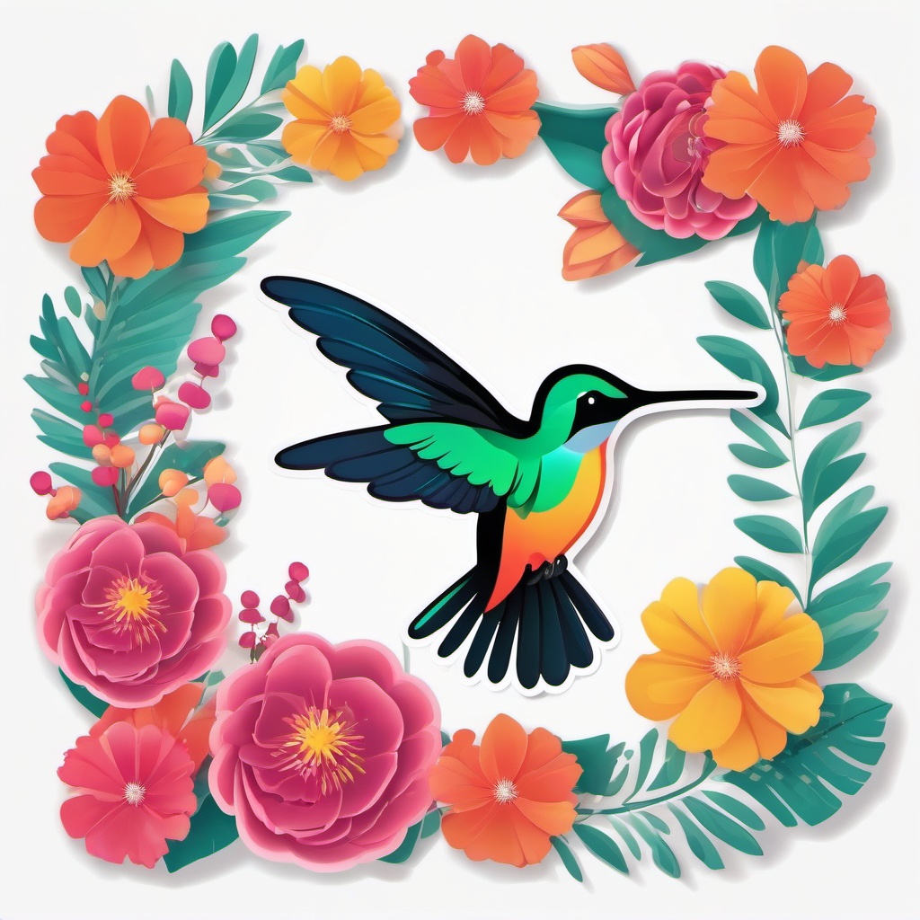 Hummingbird and Blooms Emoji Sticker - Tiny wings fluttering around vibrant flowers, , sticker vector art, minimalist design