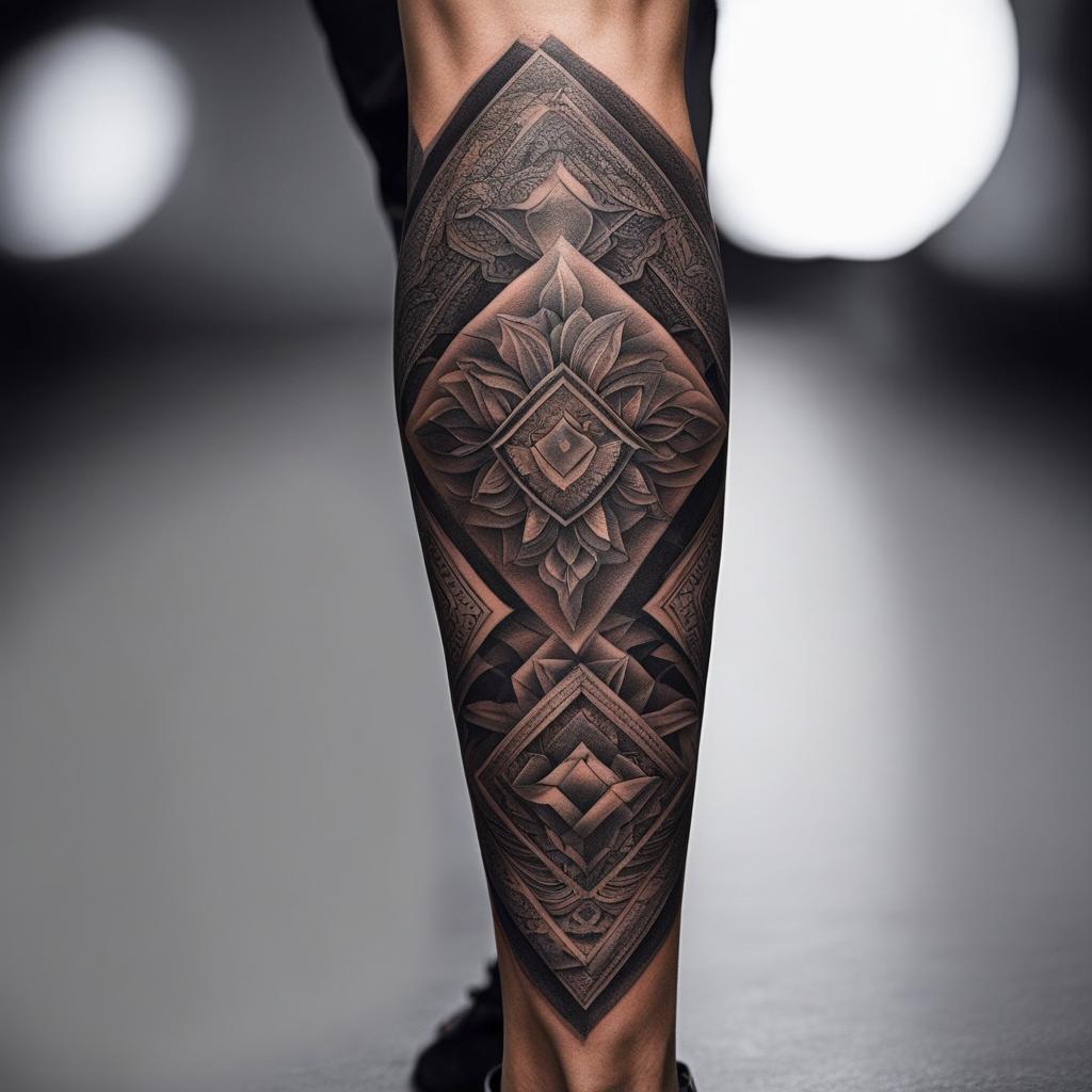 leg sleeve tattoo, covering the entire leg with a cohesive and artistic design. 